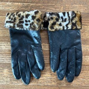 BLACK LEATHER LEOPARD TRIMMED GLOVES